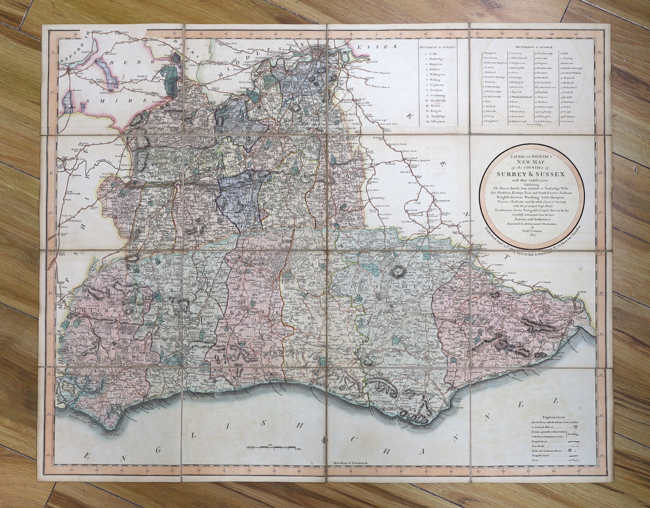 Surrey and Sussex map, by Nathaniel Coltman, pub. Laurie and Whittle, dated 1807, folding map in slip case, 57 x 71cm